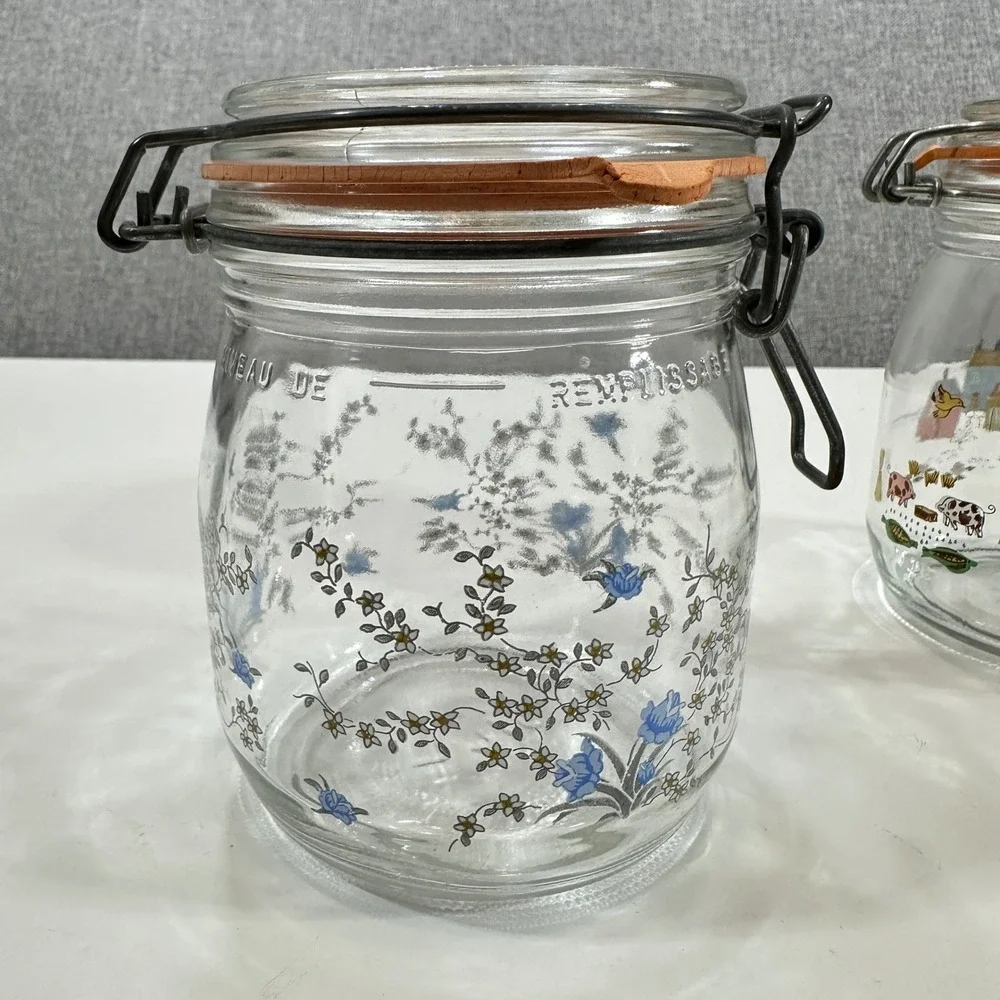 ARC France Glass Canister Heartland Farm Scene Set 2 3/4L Clear Clamp Lid Jar